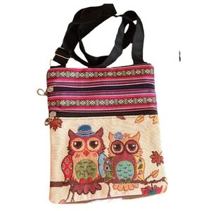 Tapestry Owl Double Zipper Crossbody or Shoulder Bag Purse
